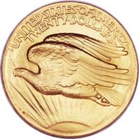 reverse of 20 Dollars - Saint-Gaudens Double Eagle; Roman numerals (1907) coin with KM# 126 from United States. Inscription: UNITED · STATES · OF · AMERICA TWENTY · DOLLARS