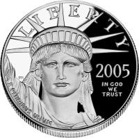 obverse of 100 Dollars - American Platinum Eagle Bullion (2005) coin with KM# 380 from United States. Inscription: LIBERTY 2005 JM IN GOD WE TRUST E PLURIBUS UNUM