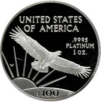 reverse of 100 Dollars - American Platinum Eagle Bullion (1997 - 2009) coin with KM# 286 from United States. Inscription: UNITED STATES OF AMERICA .9995 PLATINUM 1 OZ. W $100 TDR