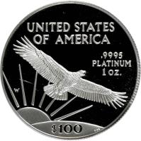 United States coin 100 Dollars - American Platinum Eagle Bullion (1997 - 2009) reverse reverse of 100 Dollars - American Platinum Eagle Bullion (1997 - 2009) coin with KM# 286 from United States. Inscription: UNITED STATES OF AMERICA .9995 PLATINUM 1 OZ. W $100 TDR