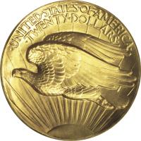 United States coin 20 Dollars - Saint-Gaudens; Roman numerals; Without motto (1907) reverse reverse of 20 Dollars - Saint-Gaudens; Roman numerals; Without motto (1907) coin with KM# Pn1874 from United States. Inscription: · UNITED · STATES · OF · AMERICA · · TWENTY · DOLLARS ·