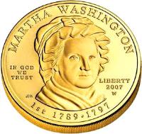 United States coin 10 Dollars - Martha Washington - Bullion (2007) obverse obverse of 10 Dollars - Martha Washington - Bullion (2007) coin with KM# 407 from United States. Inscription: MARTHA WASHINGTON IN GOD WE TRUST LIBERTY 2007 W JPM 1st 1789-1797