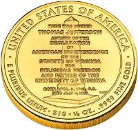 United States coin 10 Dollars - Thomas Jefferson's Liberty - Bullion (2007) reverse reverse of 10 Dollars - Thomas Jefferson's Liberty - Bullion (2007) coin with KM# 409 from United States. Inscription: · UNITED STATES OF AMERICA · HERE WAS BURIED THOMAS JEFFERSON AUTHOR OF THE DECLARATION OF AMERICAN INDEPENDENCE OF THE STATUTE OF VIRGI