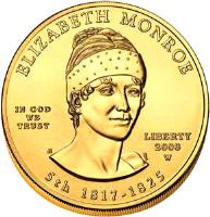 United States coin 10 Dollars - Elizabeth Monroe - Bullion (2008) obverse obverse of 10 Dollars - Elizabeth Monroe - Bullion (2008) coin with KM# 430 from United States. Inscription: ELIZABETH MONROE IN GOD WE TRUST LIBERTY 2008 W 5th 1817-1825