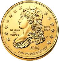 United States coin 10 Dollars - Andrew Jackson's Liberty - Bullion (2008) obverse obverse of 10 Dollars - Andrew Jackson's Liberty - Bullion (2008) coin with KM# 432 from United States. Inscription: LIBERTY 1829 1837 IN GOD WE TRUST 2008 7th PRESIDENCY