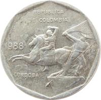obverse of 10 Pesos (1981 - 1989) coin with KM# 270 from Colombia. Inscription: REPUBLICA DE COLOMBIA 1981 CORDOBA