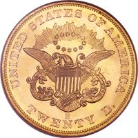 reverse of 20 Dollars - Liberty Head Double Eagle; Without motto TWENTY D. (1849 - 1866) coin with KM# 74.1 from United States. Inscription: UNITED STATES OF AMERICA E PLURIBUS UNUM O TWENTY D.