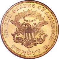 United States coin 20 Dollars - Liberty Head Double Eagle; Without motto TWENTY D. (1849 - 1866) reverse reverse of 20 Dollars - Liberty Head Double Eagle; Without motto TWENTY D. (1849 - 1866) coin with KM# 74.1 from United States. Inscription: UNITED STATES OF AMERICA E PLURIBUS UNUM O TWENTY D.
