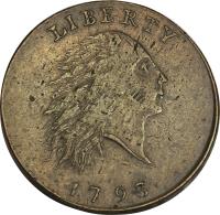 obverse of 1 Cent - Flowing Hair Cent; Chain reverse (1793) coin with KM# 11 from United States. Inscription: LIBERTY 1793