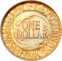 United States coin 1 Dollar - PanamaPacific Exposition (1915) reverse reverse of 1 Dollar - PanamaPacific Exposition (1915) coin with KM# 136 from United States. Inscription: PANAMA · PACIFIC · EXPOSITION ONE DOLLAR S · SAN FRANCISCO ·