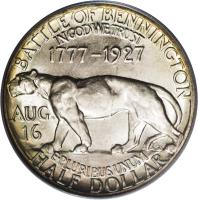 United States coin 1/2 Dollar - Vermont Sesquicentennial (1927) reverse reverse of 1/2 Dollar - Vermont Sesquicentennial (1927) coin with KM# 162 from United States. Inscription: BATTLE OF BENNINGTON IN GOD WE TRUST 1777-1927 AUG. 16 CK E · PLURIBUS UNUM HALF DOLLAR