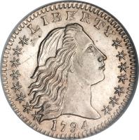 obverse of 5 Cents - Flowing Hair Half Dime (1794 - 1795) coin with KM# 15 from United States. Inscription: LIBERTY 1794