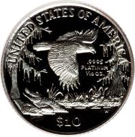 reverse of 10 Dollars - Vistas of Liberty: Southeastern Wetlands - American Platinum Eagle Bullion (1999) coin with KM# 301 from United States. Inscription: UNITED STATES OF AMERICA .9995 PLATINUM 1/10 OZ. W $10