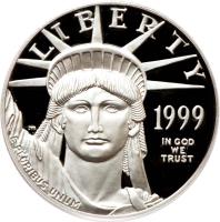 obverse of 100 Dollars - Vistas of Liberty: Southeastern Wetlands - American Platinum Eagle Bullion (1999) coin with KM# 304 from United States. Inscription: LIBERTY 1999 IN GOD WE TRUST E PLURIBUS UNUM