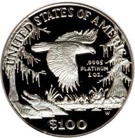 reverse of 100 Dollars - Vistas of Liberty: Southeastern Wetlands - American Platinum Eagle Bullion (1999) coin with KM# 304 from United States. Inscription: UNITED STATES OF AMERICA .9995 PLATINUM 1 OZ. W $100