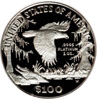 United States coin 100 Dollars - Vistas of Liberty: Southeastern Wetlands - American Platinum Eagle Bullion (1999) reverse reverse of 100 Dollars - Vistas of Liberty: Southeastern Wetlands - American Platinum Eagle Bullion (1999) coin with KM# 304 from United States. Inscription: UNITED STATES OF AMERICA .9995 PLATINUM 1 OZ. W $100