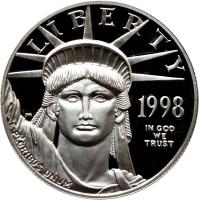 obverse of 100 Dollars - Vistas of Liberty: Eagle Over New England - American Platinum Eagle Bullion (1998) coin with KM# 292 from United States. Inscription: LIBERTY 1998 IN GOD WE TRUST E PLURIBUS UNUM