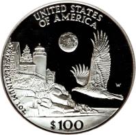 reverse of 100 Dollars - Vistas of Liberty: Eagle Over New England - American Platinum Eagle Bullion (1998) coin with KM# 292 from United States. Inscription: UNITED STATES OF AMERICA W .9995 PLATINUM 1 OZ. $100