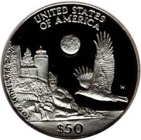 reverse of 50 Dollars - Vistas of Liberty: Eagle Over New England - American Platinum Eagle Bullion (1998) coin with KM# 291 from United States. Inscription: UNITED STATES OF AMERICA W .9995 PLATINUM ½ OZ. $50