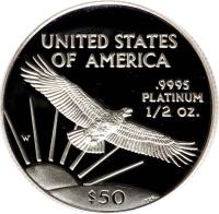 reverse of 50 Dollars - American Platinum Eagle Bullion (1997 - 2009) coin with KM# 285 from United States. Inscription: UNITED STATES OF AMERICA .9995 PLATINUM ½ OZ. W $50 TDR
