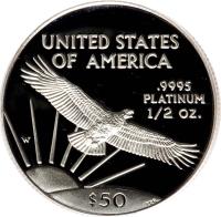 United States coin 50 Dollars - American Platinum Eagle Bullion (1997 - 2009) reverse reverse of 50 Dollars - American Platinum Eagle Bullion (1997 - 2009) coin with KM# 285 from United States. Inscription: UNITED STATES OF AMERICA .9995 PLATINUM ½ OZ. W $50 TDR