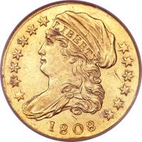 United States coin 2 1/2 Dollars - Turban Head Quarter Eagle (1808) obverse obverse of 2 1/2 Dollars - Turban Head Quarter Eagle (1808) coin with KM# 40 from United States. Inscription: LIBERTY 1808