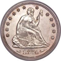 obverse of 1/4 Dollar - Seated Liberty Quarter; With motto; With date arrows (1873 - 1874) coin with KM# 106 from United States. Inscription: 1874