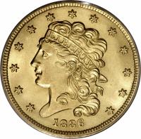 United States coin 5 Dollars - Classic Head (1834 - 1836) obverse obverse of 5 Dollars - Classic Head (1834 - 1836) coin with KM# 57 from United States. Inscription: Liberty 1836