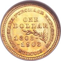 United States coin 1 Dollar - Thomas Jefferson (1903) reverse reverse of 1 Dollar - Thomas Jefferson (1903) coin with KM# 119 from United States. Inscription: LOUISIANA PURCHASE EXPOSITION ONE DOLLAR 1803- -1903 ST. LOUIS