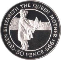 Ascension Island coin 50 Pence - Elizabeth II - Queen Mother - Silver Proof Issue (1995) reverse reverse of 50 Pence - Elizabeth II - Queen Mother - Silver Proof Issue (1995) coin with KM# 7a from Ascension Island. Inscription: QUEEN ELIZABETH THE QUEEN MOTHER 1995 · 50 PENCE ·
