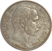 obverse of 2 Rigsdaler - Christian IX - Death and Accession (1863) coin with KM# 770 from Denmark. Inscription: CHRISTIAN IX	KONGE AF DANMARK MED GUD	FOR ÆRE OG RET H.C 1863 RH