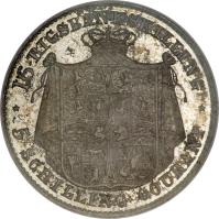 reverse of 16 Rigsbankskilling / 5 Schilling Courant - Christian VIII (1842 - 1844) coin with KM# 733 from Denmark. Inscription: 16 RIGSBANKSKILLING *	* 5 SCHILLING COURANT