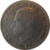obverse of 5 Pesetas - Juan Carlos I - With mintmark (1982 - 1989) coin with KM# 823 from Spain. Inscription: JUAN CARLOS I REY DE ESPAÑA 1983
