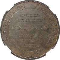 reverse of 5 Sols (1792) coin with KM# Tn35 from France. Inscription: REVOLUTION FRANÇAISE. MEDAILLE QUI SE VEND 5 SOLS A PARIS CHEZ MONNERON (PATENTE) 1792