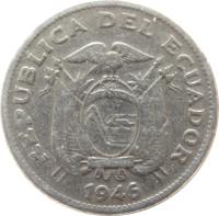 obverse of 1 Sucre (1937 - 1946) coin with KM# 78 from Ecuador. Inscription: REPUBLICA DEL ECUADOR 1946