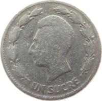 reverse of 1 Sucre (1937 - 1946) coin with KM# 78 from Ecuador. Inscription: UN SUCRE
