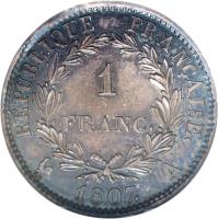 reverse of 1 Franc - Napoleon I (1807) coin with KM# 681 from France. Inscription: RÉPUBLIQUE FRANÇAISE. 1 FRANC. 1807. A.