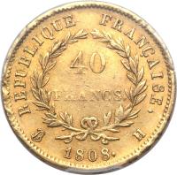 reverse of 40 Francs - Napoleon I (1807 - 1808) coin with KM# 688 from France. Inscription: RÉPUBLIQUE FRANÇAISE. 40 FRANCS. 1808. A