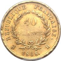 France coin 40 Francs - Napoleon I (1807 - 1808) reverse reverse of 40 Francs - Napoleon I (1807 - 1808) coin with KM# 688 from France. Inscription: RÉPUBLIQUE FRANÇAISE. 40 FRANCS. 1808. A