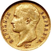 obverse of 20 Francs - Napoleon I (1807) coin with KM# A687 from France. Inscription: NAPOLEON EMPEREUR.