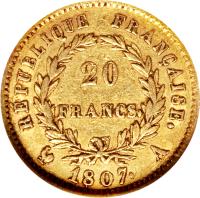 reverse of 20 Francs - Napoleon I (1807) coin with KM# A687 from France. Inscription: RÉPUBLIQUE FRANÇAISE. 20 FRANCS. 1807. A