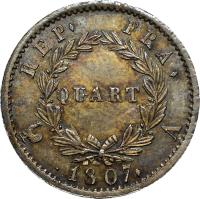 France coin 1/4 Franc - Napoleon I (1807) reverse reverse of 1/4 Franc - Napoleon I (1807) coin with KM# 677 from France. Inscription: REP. FRA. QUART 1807. A.