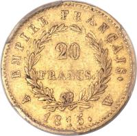 France coin 20 Francs - Napoleon I (1815) reverse reverse of 20 Francs - Napoleon I (1815) coin with KM# 705 from France. Inscription: EMPIRE FRANÇAIS. 20 FRANCS. 1815. A