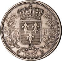 reverse of 5 Francs - Henri V (1831 - 1832) coin with X# 35 from France. Inscription: 5 F 1831