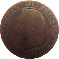 France coin 10 Centimes - Napoleon III (1861 - 1868) obverse obverse of 10 Centimes - Napoleon III (1861 - 1868) coin with KM# 798 from France. Inscription: NAPOLEON III EMPEREUR BARRE 1865
