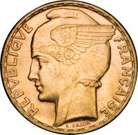 obverse of 100 Francs (1929 - 1936) coin with KM# 880 from France. Inscription: REPVBLIQUE FRANÇAISE