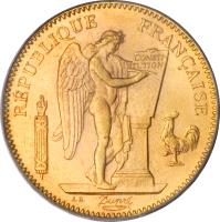 obverse of 50 Francs (1878 - 1904) coin with KM# 831 from France. Inscription: RÉPUBLIQUE FRANÇAISE