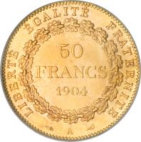 reverse of 50 Francs (1878 - 1904) coin with KM# 831 from France. Inscription: LIBERTÉ ÉGALITÉ FRATERNITÉ 50 FRANCS 1904 A
