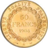 France coin 50 Francs (1878 - 1904) reverse reverse of 50 Francs (1878 - 1904) coin with KM# 831 from France. Inscription: LIBERTÉ ÉGALITÉ FRATERNITÉ 50 FRANCS 1904 A