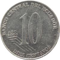 Ecuador coin 10 Centavos (2000) reverse reverse of 10 Centavos (2000) coin with KM# 106 from Ecuador. Inscription: BANCO CENTRAL DEL ECUADOR AÑO 2000 10 DIEZ CENTAVOS